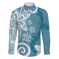 Polynesia Family Matching Mermaid Dress and Hawaiian Shirt Hippie Blue Tribal Turtle Floral Pattern LT05 Dad's Shirt - Long Sleeve Blue - Polynesian Pride