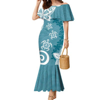 Polynesia Family Matching Mermaid Dress and Hawaiian Shirt Hippie Blue Tribal Turtle Floral Pattern LT05 Mom's Dress Blue - Polynesian Pride