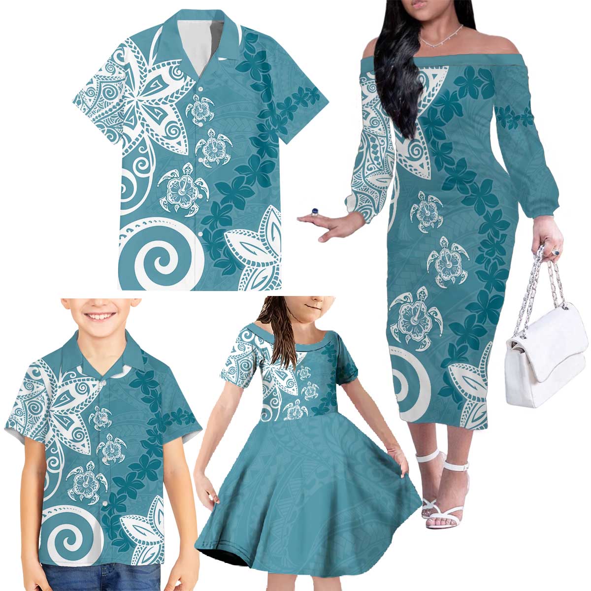 Polynesia Family Matching Off The Shoulder Long Sleeve Dress and Hawaiian Shirt Hippie Blue Tribal Turtle Floral Pattern LT05 - Polynesian Pride