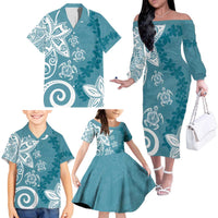 Polynesia Family Matching Off The Shoulder Long Sleeve Dress and Hawaiian Shirt Hippie Blue Tribal Turtle Floral Pattern LT05 - Polynesian Pride