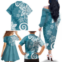 Polynesia Family Matching Off The Shoulder Long Sleeve Dress and Hawaiian Shirt Hippie Blue Tribal Turtle Floral Pattern LT05 - Polynesian Pride