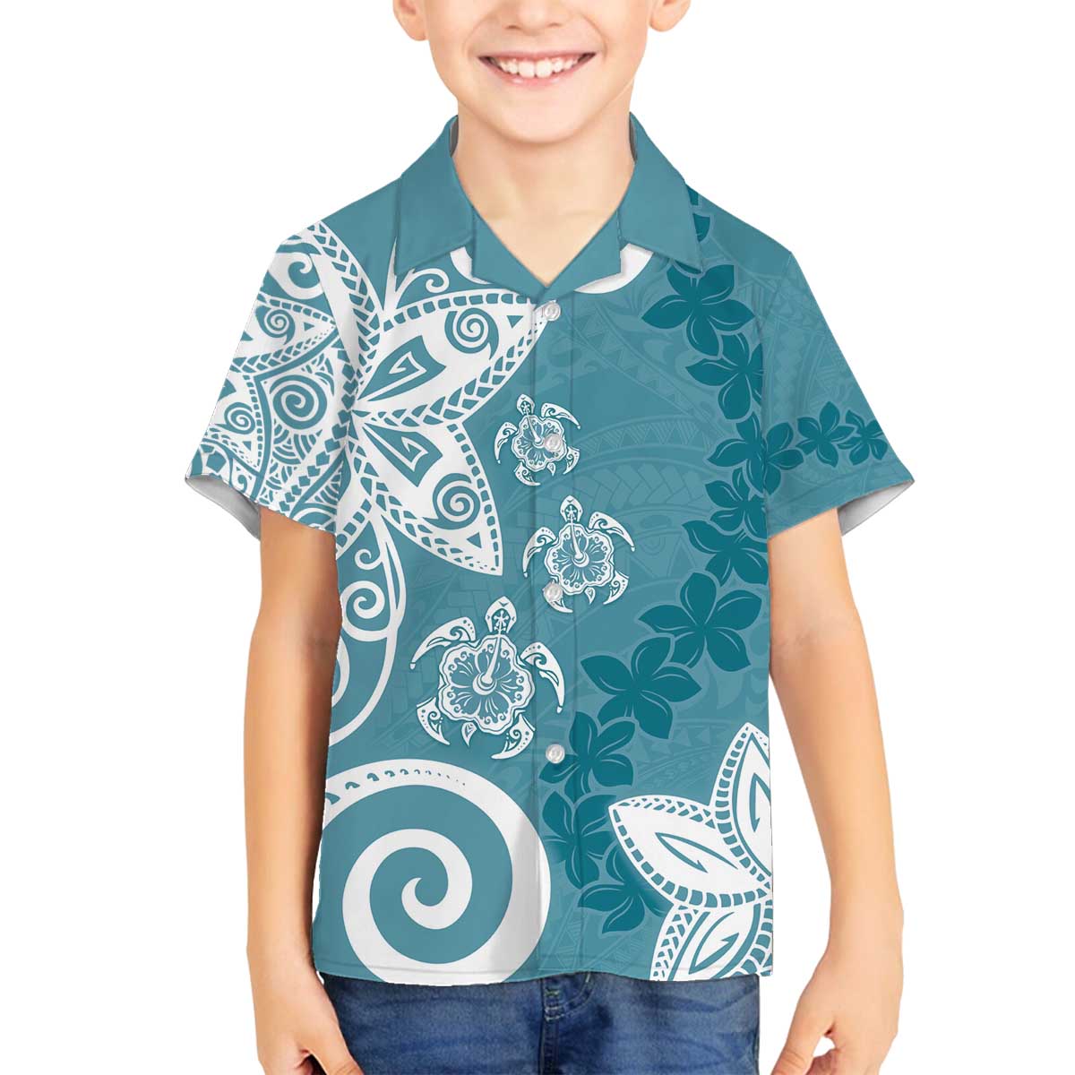 Polynesia Family Matching Off The Shoulder Long Sleeve Dress and Hawaiian Shirt Hippie Blue Tribal Turtle Floral Pattern LT05 Son's Shirt Blue - Polynesian Pride