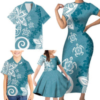 Polynesia Family Matching Short Sleeve Bodycon Dress and Hawaiian Shirt Hippie Blue Tribal Turtle Floral Pattern LT05 - Polynesian Pride