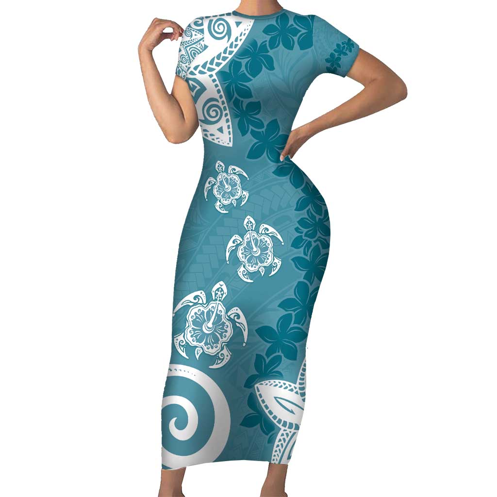 Polynesia Family Matching Short Sleeve Bodycon Dress and Hawaiian Shirt Hippie Blue Tribal Turtle Floral Pattern LT05 Mom's Dress Blue - Polynesian Pride