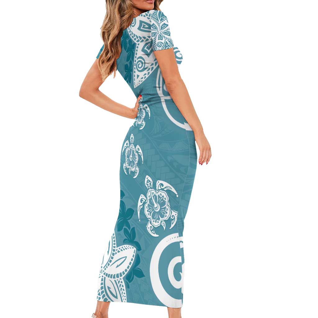 Polynesia Family Matching Short Sleeve Bodycon Dress and Hawaiian Shirt Hippie Blue Tribal Turtle Floral Pattern LT05 - Polynesian Pride
