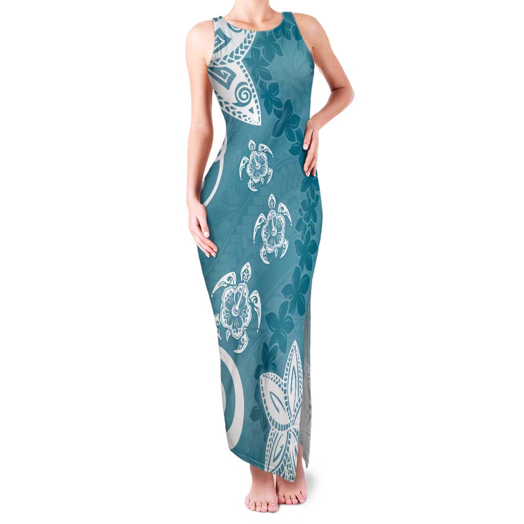 Polynesia Family Matching Tank Maxi Dress and Hawaiian Shirt Hippie Blue Tribal Turtle Floral Pattern