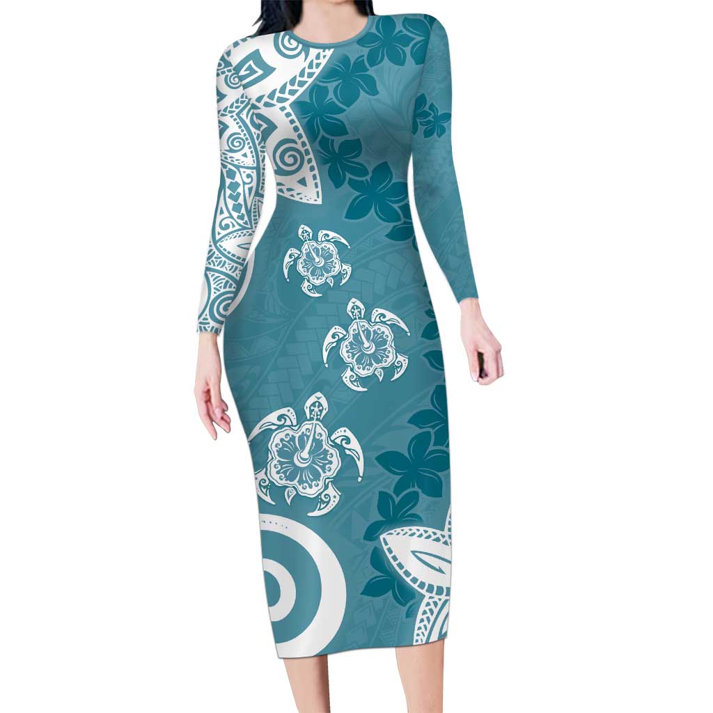 Polynesia Long Sleeve Bodycon Dress Hippie Blue Tribal Turtle Floral Pattern LT05 Long Dress Blue - Polynesian Pride