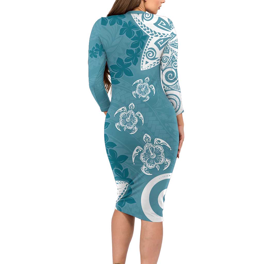 Polynesia Long Sleeve Bodycon Dress Hippie Blue Tribal Turtle Floral Pattern LT05 - Polynesian Pride