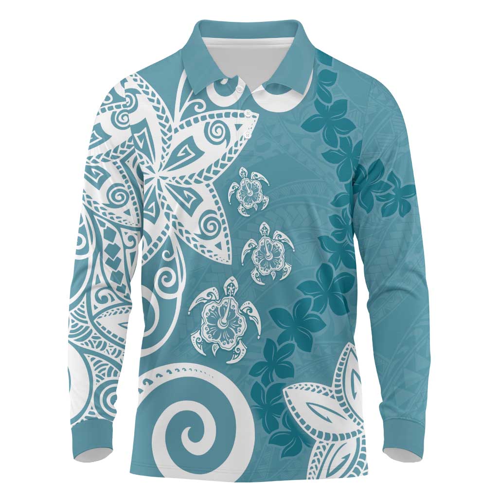 Polynesia Long Sleeve Polo Shirt Hippie Blue Tribal Turtle Floral Pattern LT05 Blue - Polynesian Pride