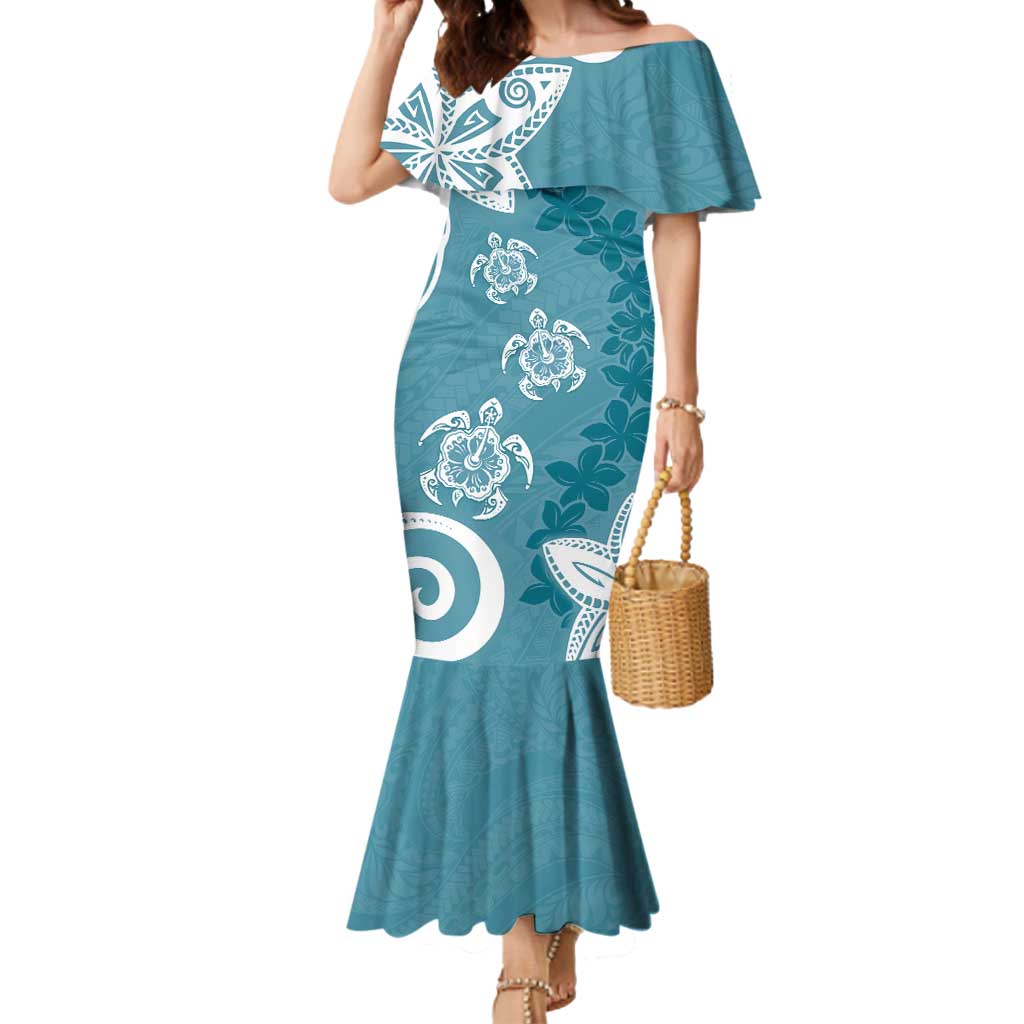 Polynesia Mermaid Dress Hippie Blue Tribal Turtle Floral Pattern LT05 Women Blue - Polynesian Pride