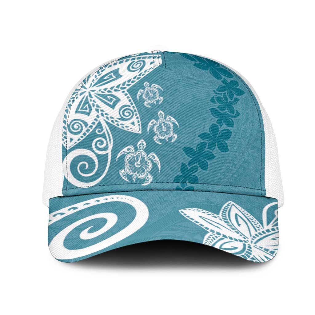 Polynesia Mesh Trucker Cap Hippie Blue Tribal Turtle Floral Pattern - Polynesian Pride