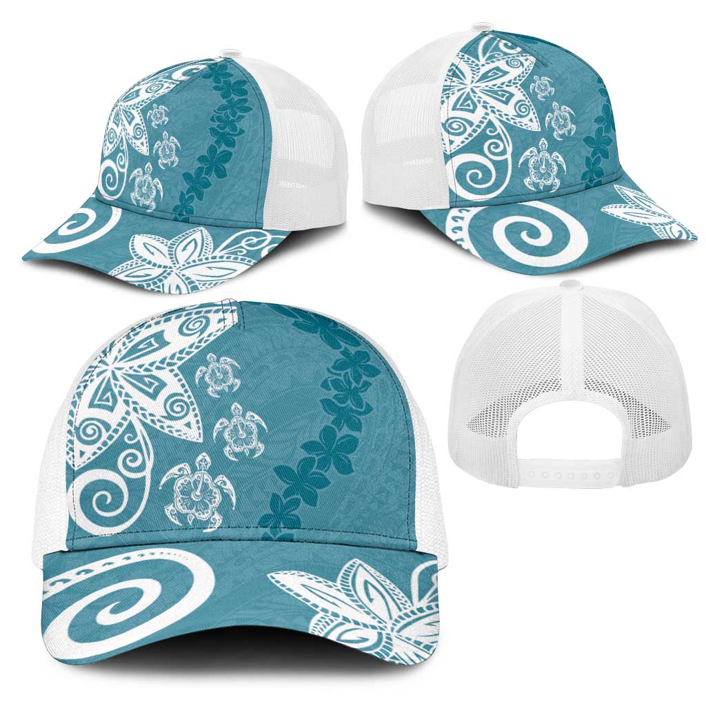 Polynesia Mesh Trucker Cap Hippie Blue Tribal Turtle Floral Pattern - Polynesian Pride