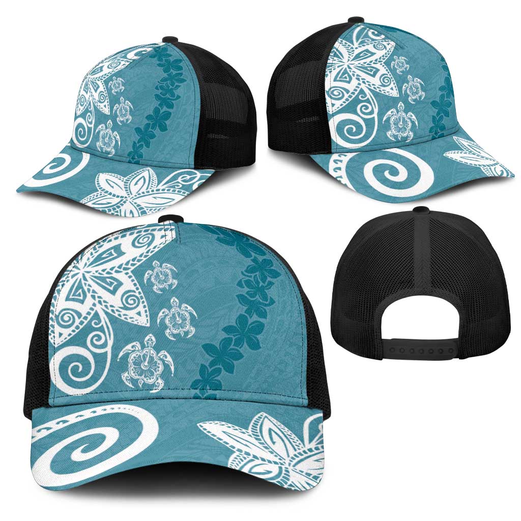 Polynesia Mesh Trucker Cap Hippie Blue Tribal Turtle Floral Pattern - Polynesian Pride
