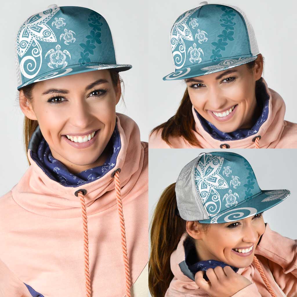 Polynesia Mesh Trucker Cap Hippie Blue Tribal Turtle Floral Pattern - Polynesian Pride