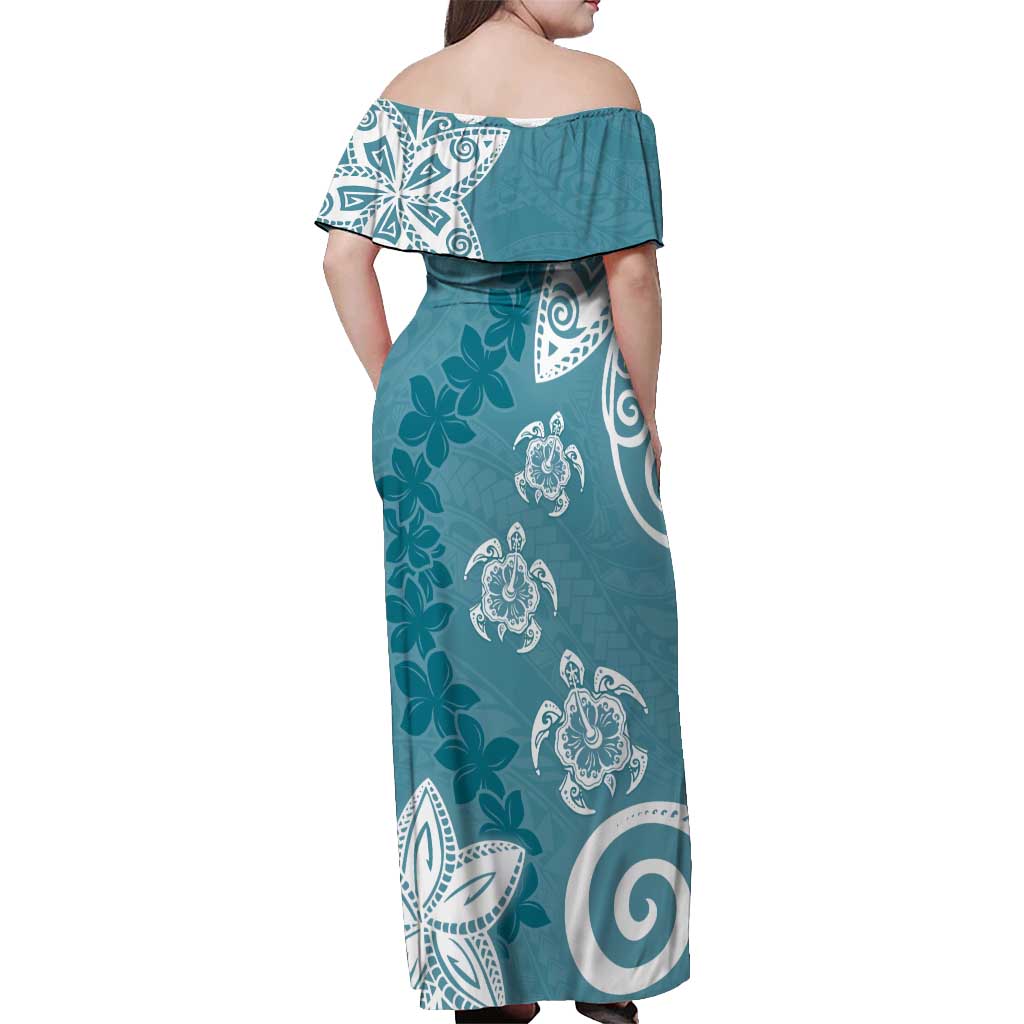 Polynesia Off Shoulder Maxi Dress Hippie Blue Tribal Turtle Floral Pattern LT05 - Polynesian Pride