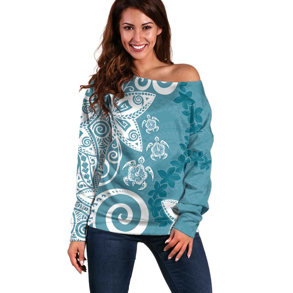 Polynesia Off Shoulder Sweater Hippie Blue Tribal Turtle Floral Pattern LT05 Women Blue - Polynesian Pride