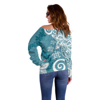 Polynesia Off Shoulder Sweater Hippie Blue Tribal Turtle Floral Pattern