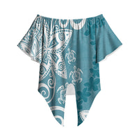 Polynesia Off Shoulder Wrap Waist Top Hippie Blue Tribal Turtle Floral Pattern LT05 Blue - Polynesian Pride
