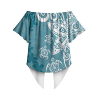 Polynesia Off Shoulder Wrap Waist Top Hippie Blue Tribal Turtle Floral Pattern LT05 - Polynesian Pride