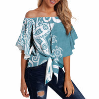 Polynesia Off Shoulder Wrap Waist Top Hippie Blue Tribal Turtle Floral Pattern LT05 - Polynesian Pride