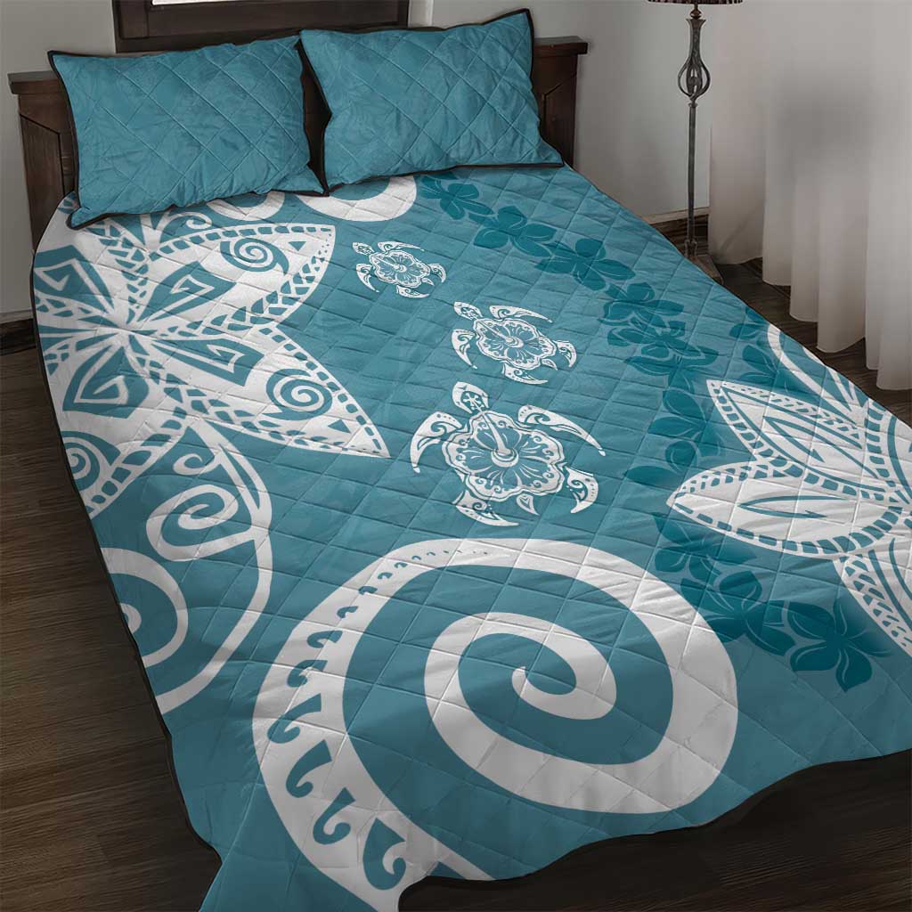 Polynesia Quilt Bed Set Hippie Blue Tribal Turtle Floral Pattern LT05 Blue - Polynesian Pride