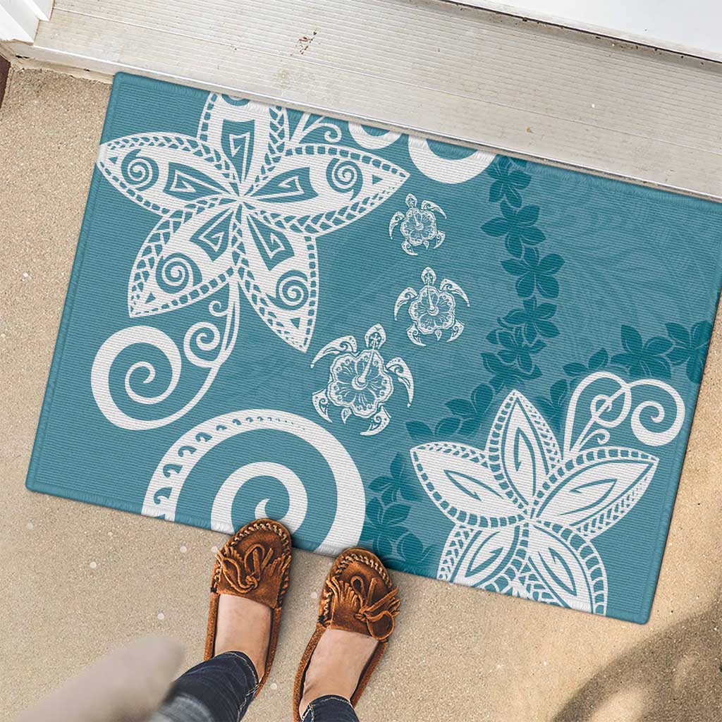 Polynesia Rubber Doormat Hippie Blue Tribal Turtle Floral Pattern