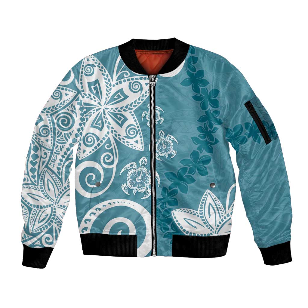 Polynesia Sleeve Zip Bomber Jacket Hippie Blue Tribal Turtle Floral Pattern LT05 Unisex Blue - Polynesian Pride