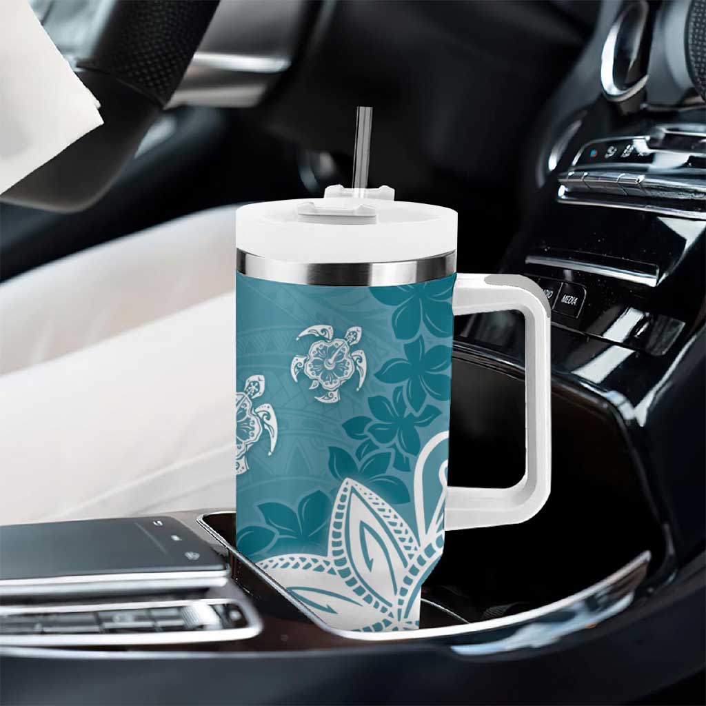 Polynesia Tumbler With Handle Hippie Blue Tribal Turtle Floral Pattern