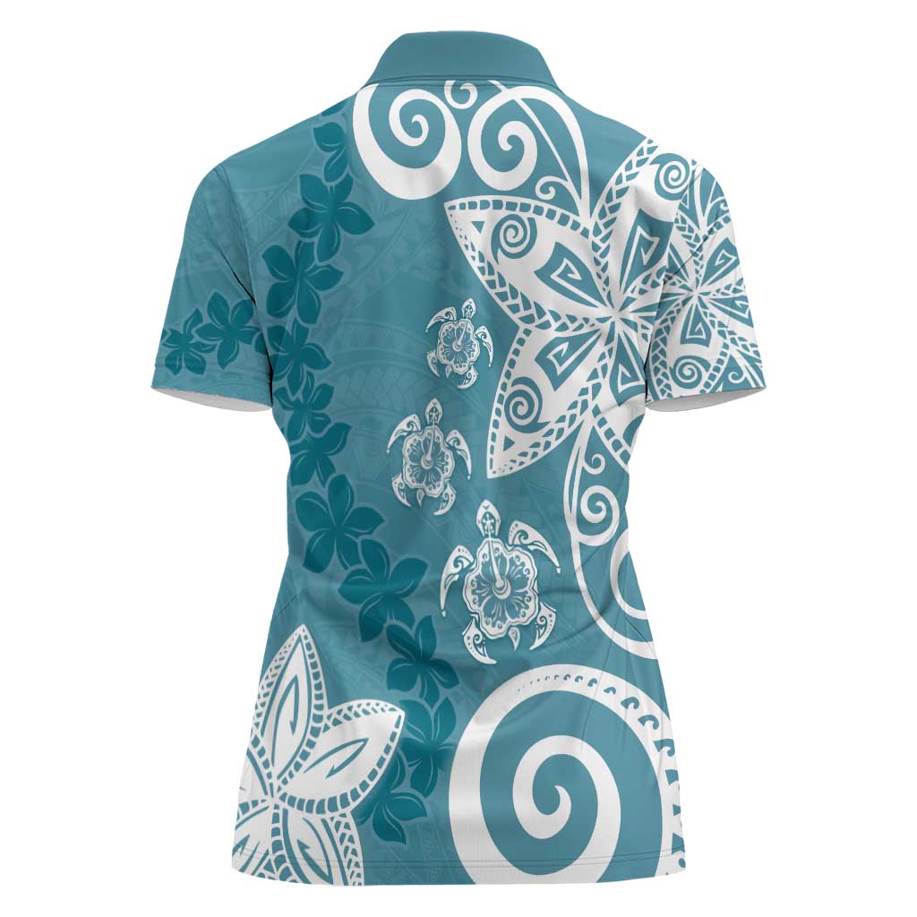 Polynesia Women Polo Shirt Hippie Blue Tribal Turtle Floral Pattern