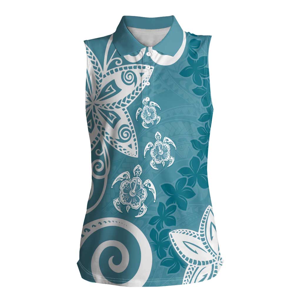 Polynesia Women Sleeveless Polo Shirt Hippie Blue Tribal Turtle Floral Pattern LT05 Female Blue - Polynesian Pride