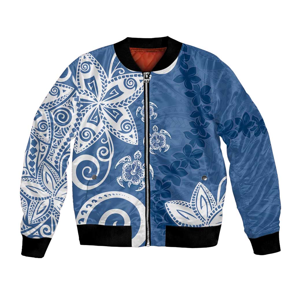 Polynesia Bomber Jacket Blue Tribal Turtle Floral Pattern LT05 Unisex Blue - Polynesian Pride