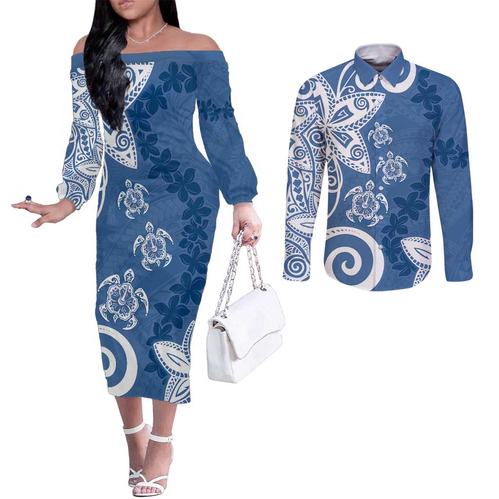 Polynesia Couples Matching Off The Shoulder Long Sleeve Dress and Long Sleeve Button Shirt Blue Tribal Turtle Floral Pattern