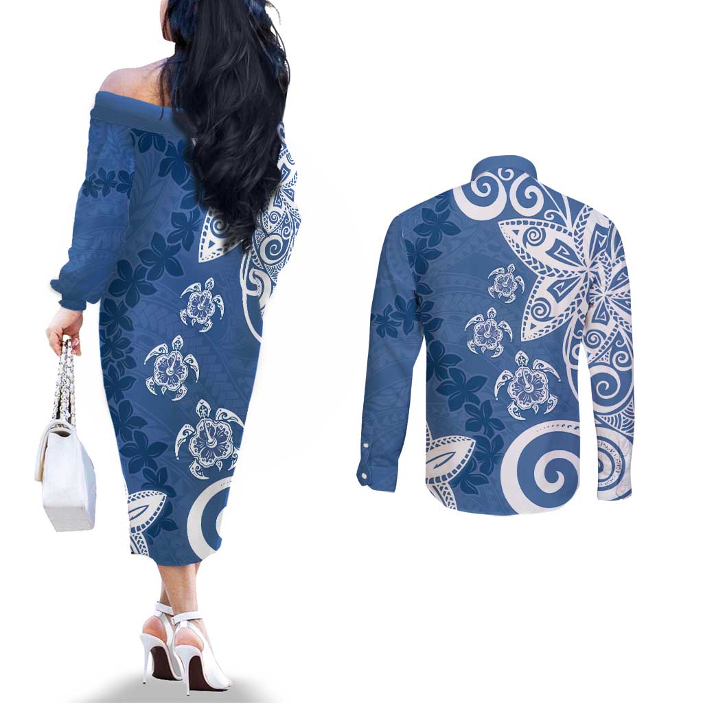 Polynesia Couples Matching Off The Shoulder Long Sleeve Dress and Long Sleeve Button Shirt Blue Tribal Turtle Floral Pattern