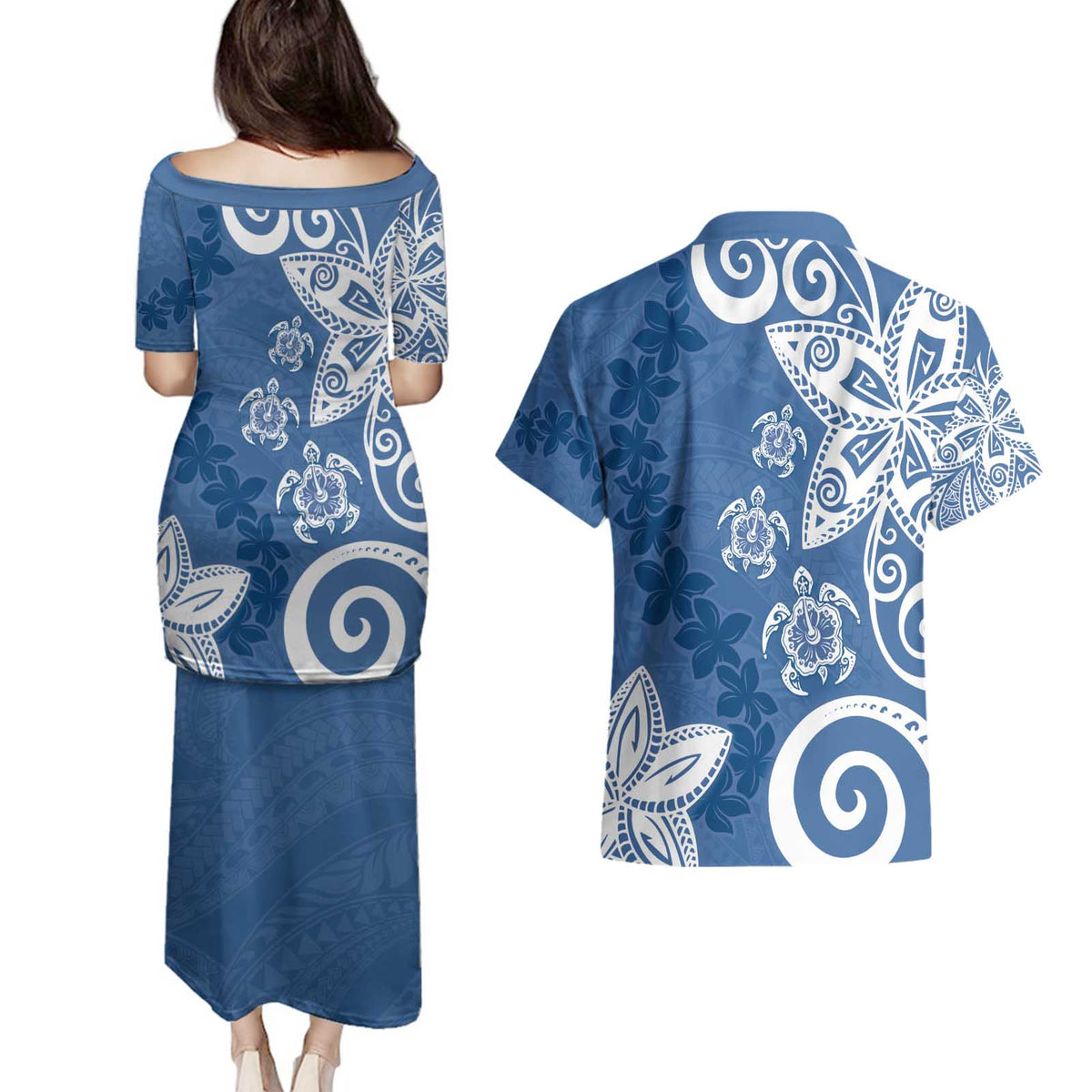 Polynesia Couples Matching Puletasi and Hawaiian Shirt Blue Tribal Turtle Floral Pattern
