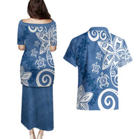 Polynesia Couples Matching Puletasi and Hawaiian Shirt Blue Tribal Turtle Floral Pattern