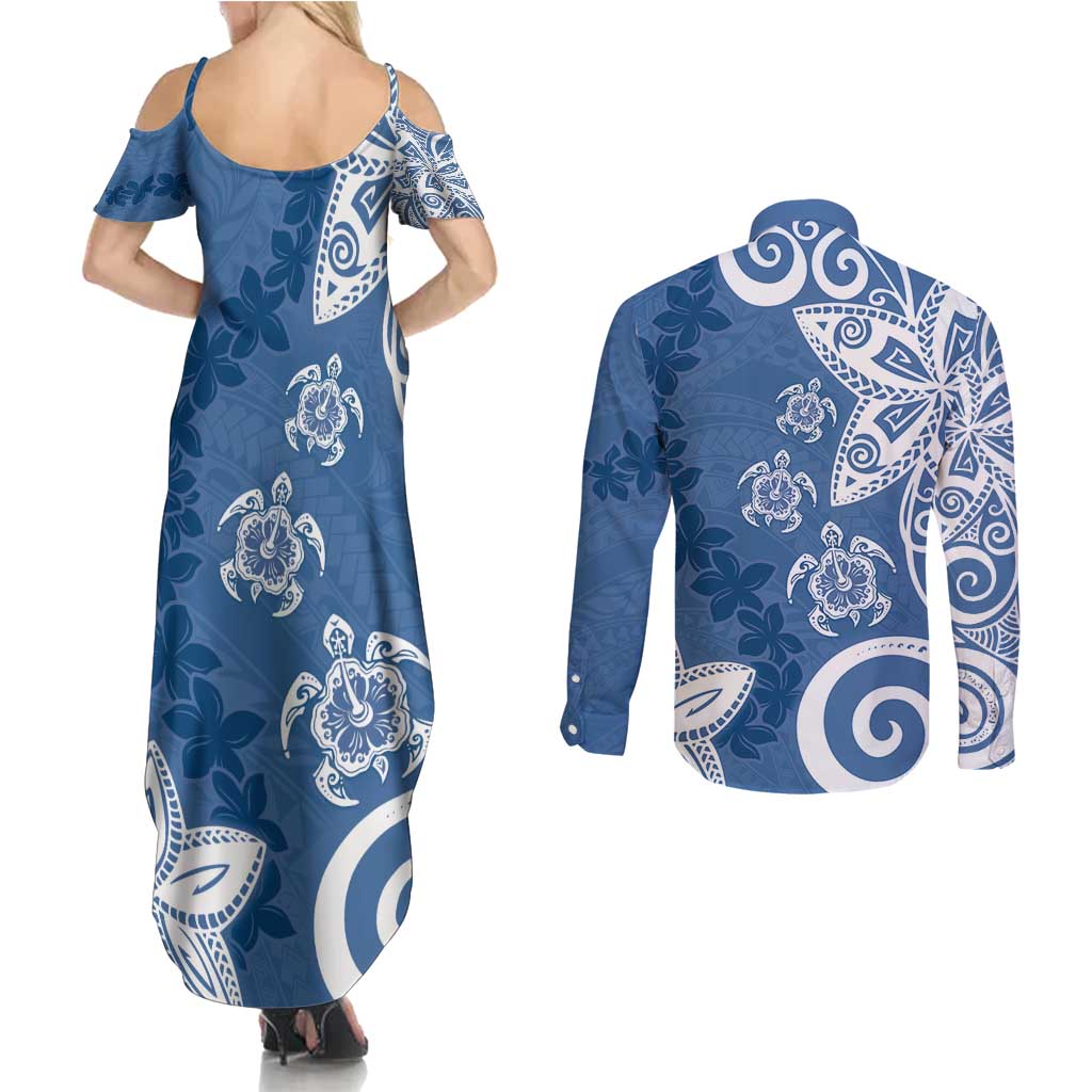 Polynesia Couples Matching Summer Maxi Dress and Long Sleeve Button Shirt Blue Tribal Turtle Floral Pattern