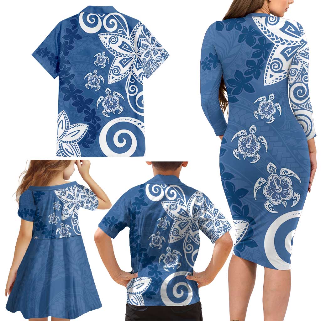 Polynesia Family Matching Long Sleeve Bodycon Dress and Hawaiian Shirt Blue Tribal Turtle Floral Pattern LT05 - Polynesian Pride