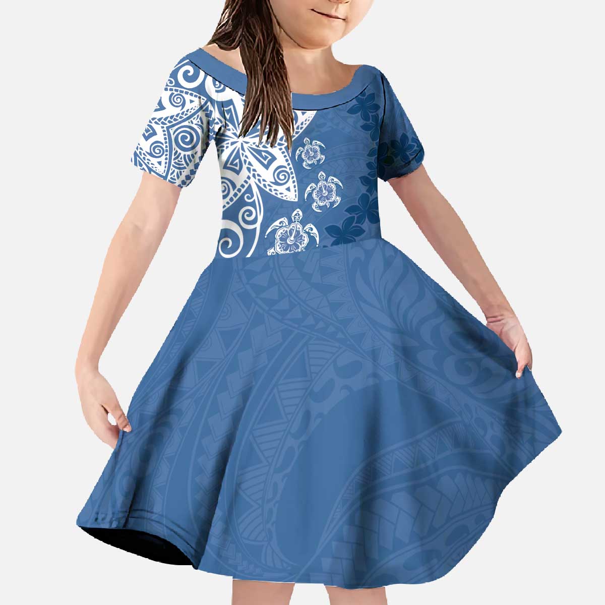 Polynesia Family Matching Off The Shoulder Long Sleeve Dress and Hawaiian Shirt Blue Tribal Turtle Floral Pattern LT05 Daughter's Dress Blue - Polynesian Pride