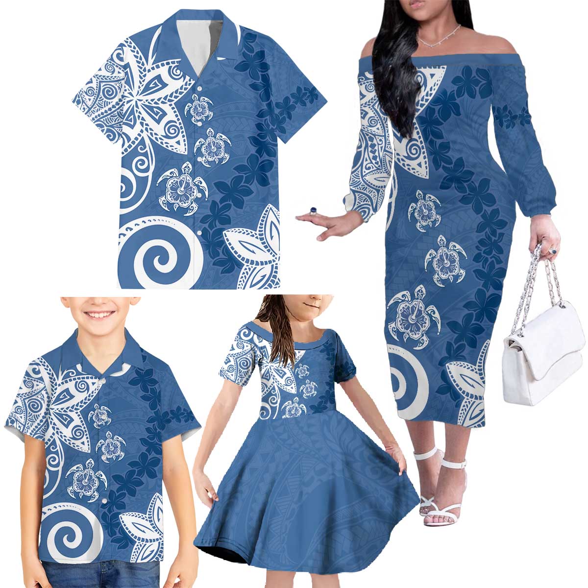 Polynesia Family Matching Off The Shoulder Long Sleeve Dress and Hawaiian Shirt Blue Tribal Turtle Floral Pattern LT05 - Polynesian Pride