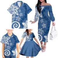 Polynesia Family Matching Off The Shoulder Long Sleeve Dress and Hawaiian Shirt Blue Tribal Turtle Floral Pattern LT05 - Polynesian Pride