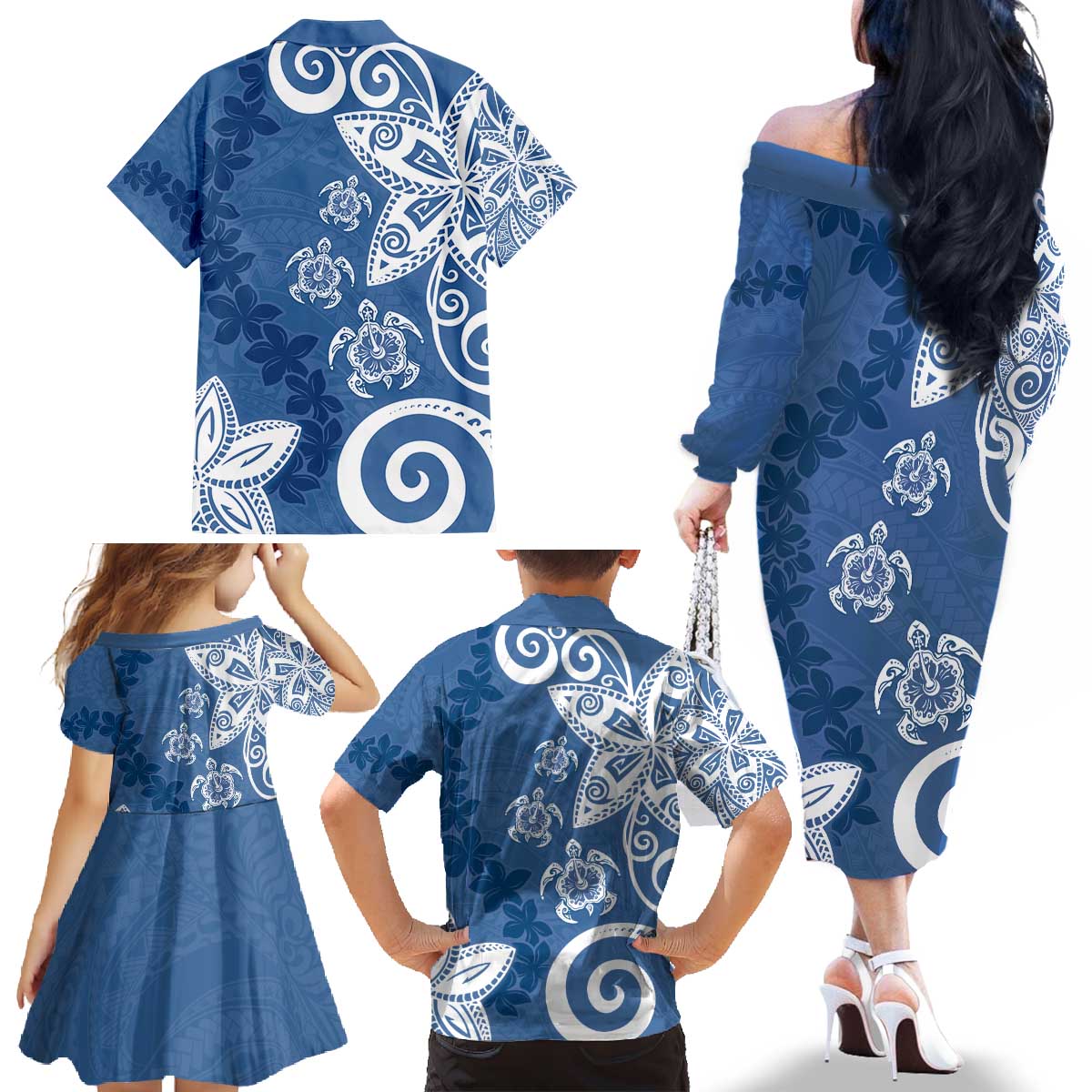 Polynesia Family Matching Off The Shoulder Long Sleeve Dress and Hawaiian Shirt Blue Tribal Turtle Floral Pattern LT05 - Polynesian Pride