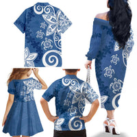 Polynesia Family Matching Off The Shoulder Long Sleeve Dress and Hawaiian Shirt Blue Tribal Turtle Floral Pattern LT05 - Polynesian Pride