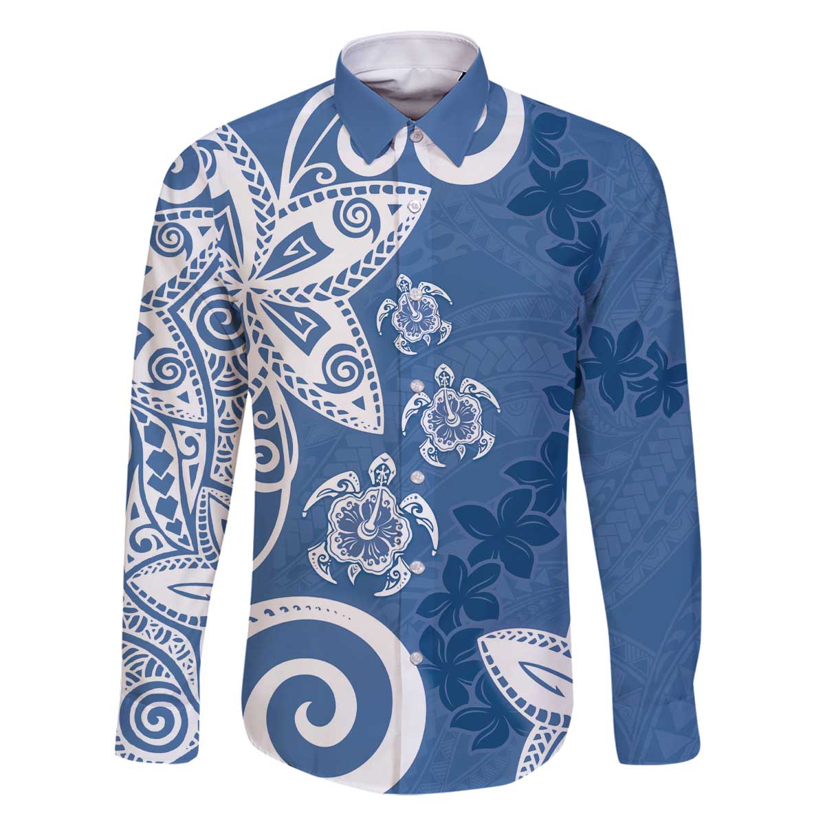 Polynesia Family Matching Off The Shoulder Long Sleeve Dress and Hawaiian Shirt Blue Tribal Turtle Floral Pattern LT05 Dad's Shirt - Long Sleeve Blue - Polynesian Pride