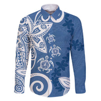 Polynesia Family Matching Off The Shoulder Long Sleeve Dress and Hawaiian Shirt Blue Tribal Turtle Floral Pattern LT05 Dad's Shirt - Long Sleeve Blue - Polynesian Pride