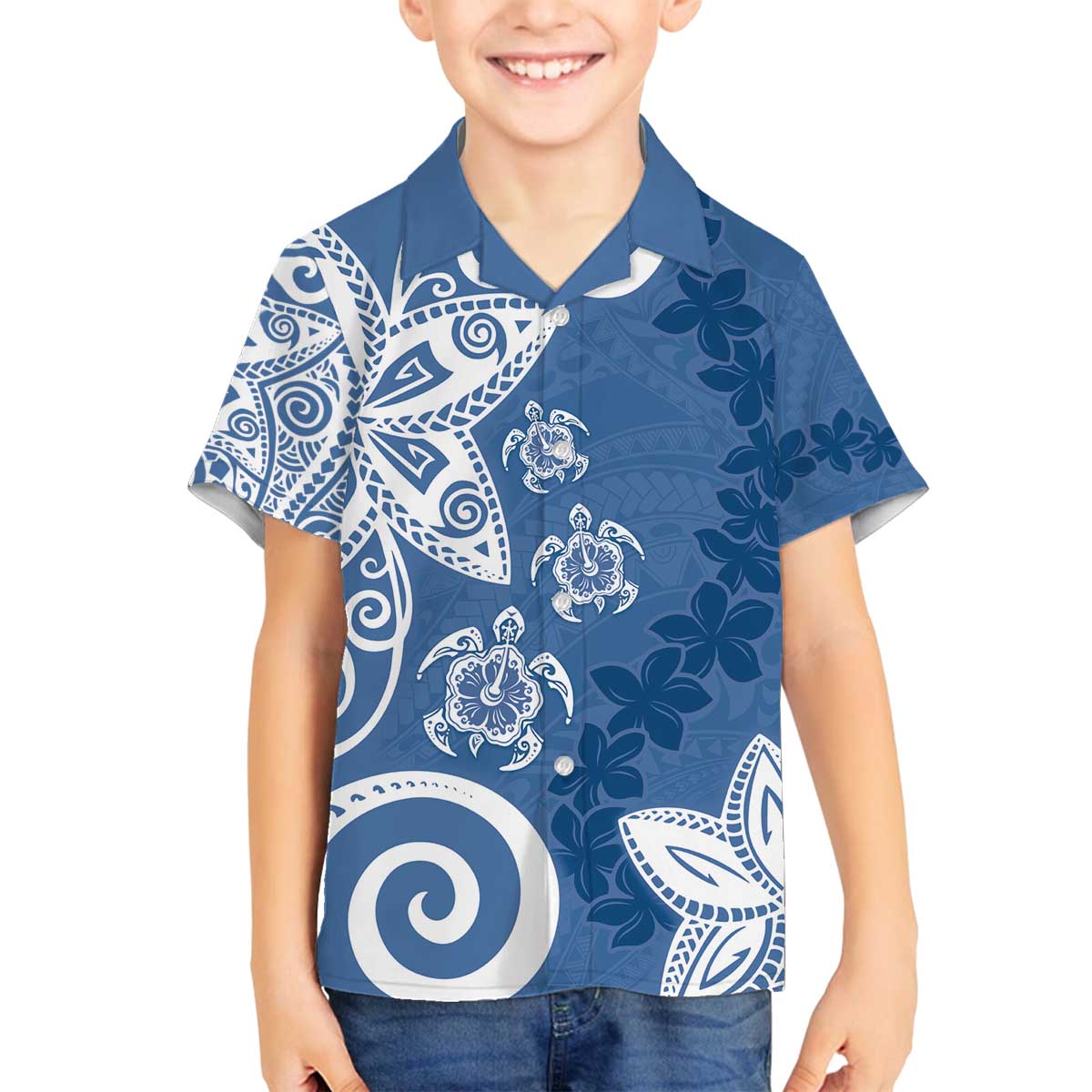 Polynesia Family Matching Off The Shoulder Long Sleeve Dress and Hawaiian Shirt Blue Tribal Turtle Floral Pattern LT05 Son's Shirt Blue - Polynesian Pride