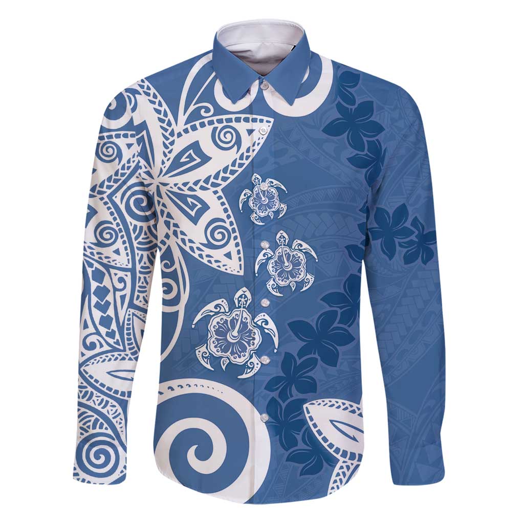 Polynesia Family Matching Puletasi and Hawaiian Shirt Blue Tribal Turtle Floral Pattern