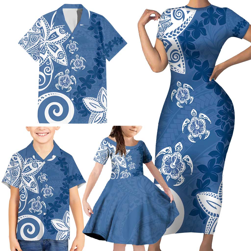 Polynesia Family Matching Short Sleeve Bodycon Dress and Hawaiian Shirt Blue Tribal Turtle Floral Pattern LT05 - Polynesian Pride
