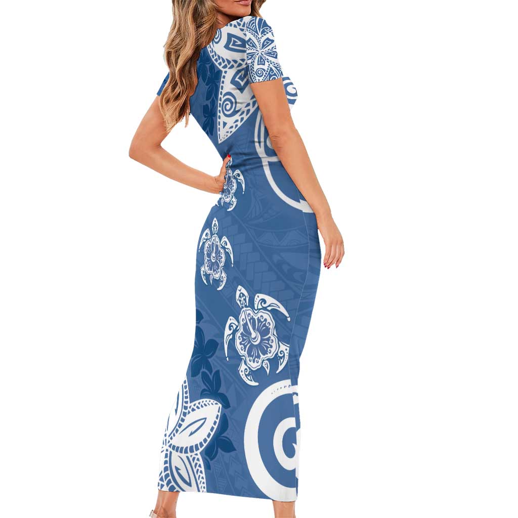 Polynesia Family Matching Short Sleeve Bodycon Dress and Hawaiian Shirt Blue Tribal Turtle Floral Pattern LT05 - Polynesian Pride