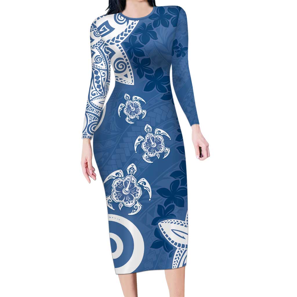 Polynesia Long Sleeve Bodycon Dress Blue Tribal Turtle Floral Pattern LT05 Long Dress Blue - Polynesian Pride