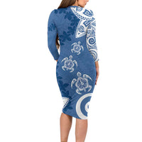 Polynesia Long Sleeve Bodycon Dress Blue Tribal Turtle Floral Pattern LT05 - Polynesian Pride